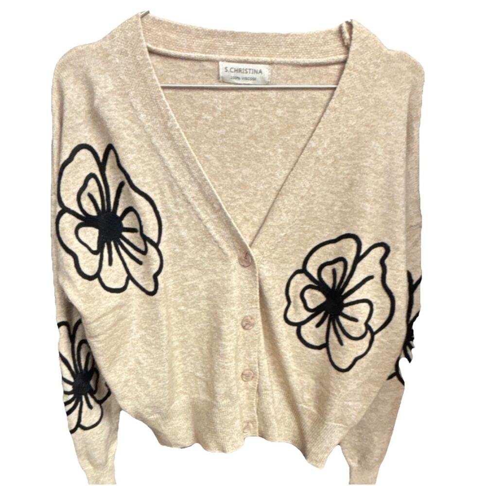 S. Christina Beige Black Floral Knit V-Neck Cardigan Sweater Women's Long Sleeve